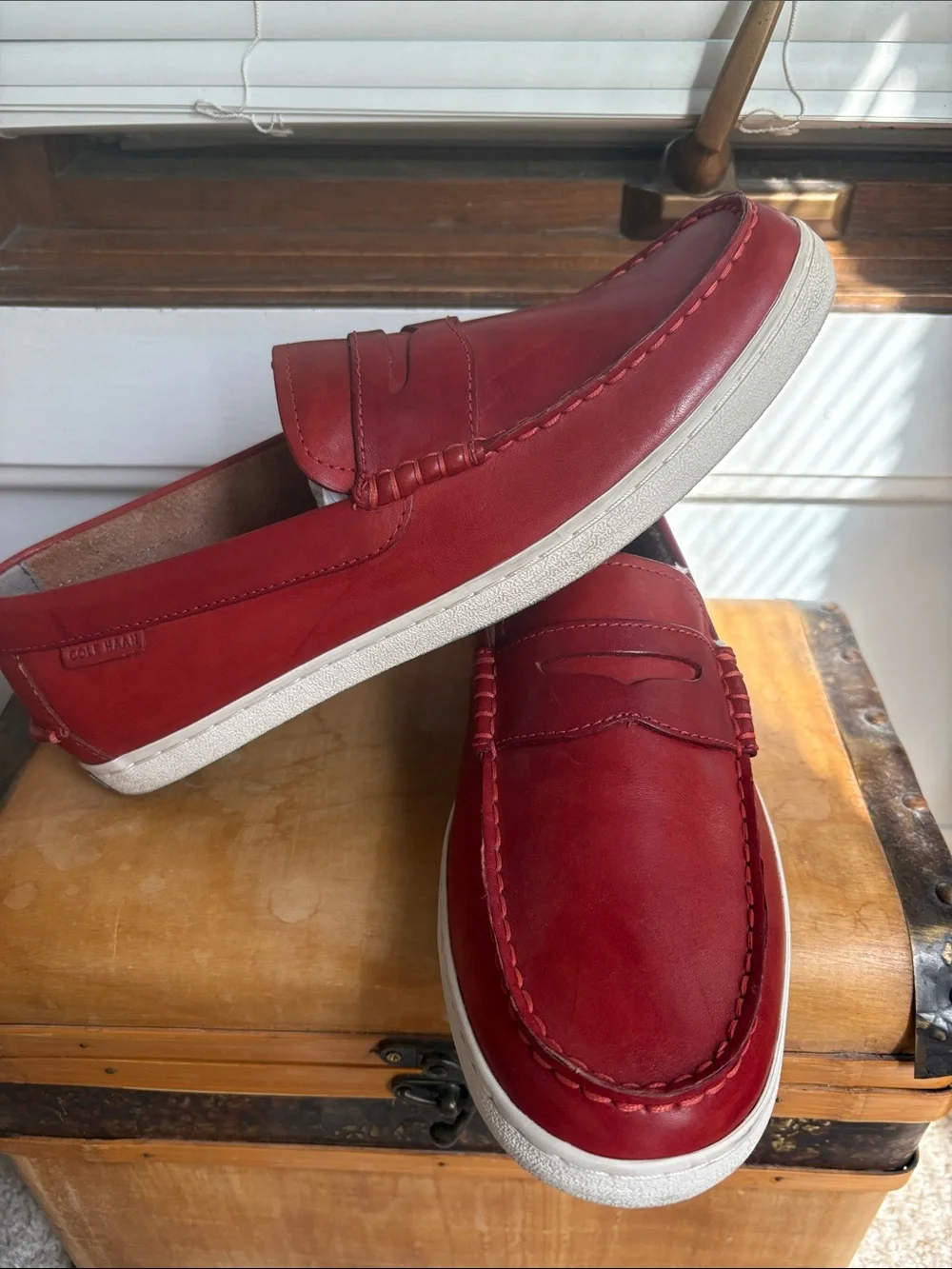 Cole Haan Red Leather Penny Loafers with White Sole